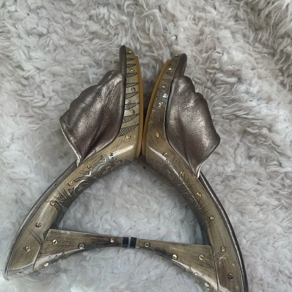 Tony Keuylian leather metallic Bronze and Gold slip on  heels sandals EUR SZ38